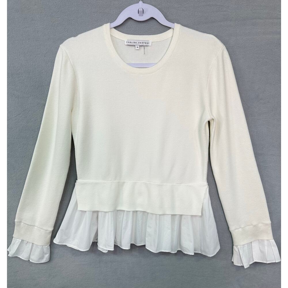 English Factory Creamy Ivory Ruffle Hem Long Sleeve Knit Sweater Top Size Small - Picture 2 of 8